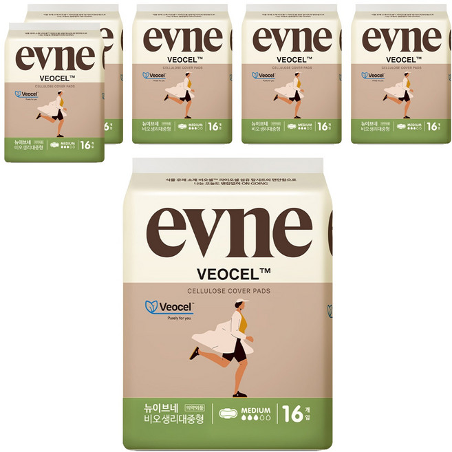 이브네 뉴 비오셀 생리대 날개형, 중형, 16개입, 6개