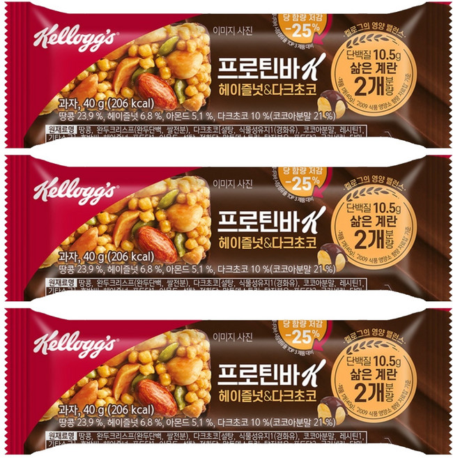 켈로그 프로틴바K 헤이즐넛 & 다크초코, 40g, 3개