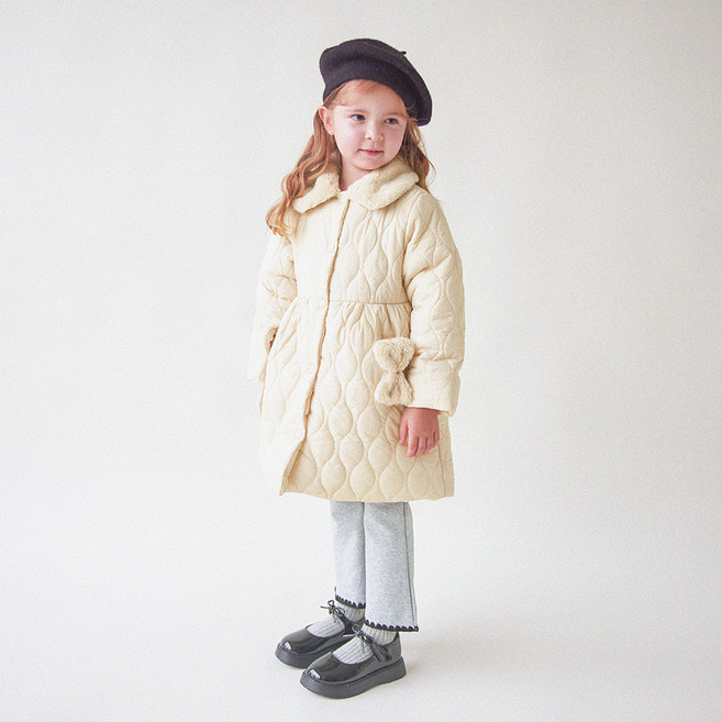 월튼키즈 여아용 퍼 카라 리본 퀼팅 패딩 코트