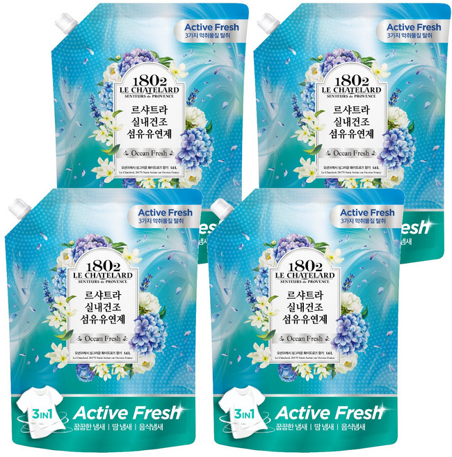 르샤트라1802 실내건조 섬유유연제 오션프레시 리필, 1.6L, 4개