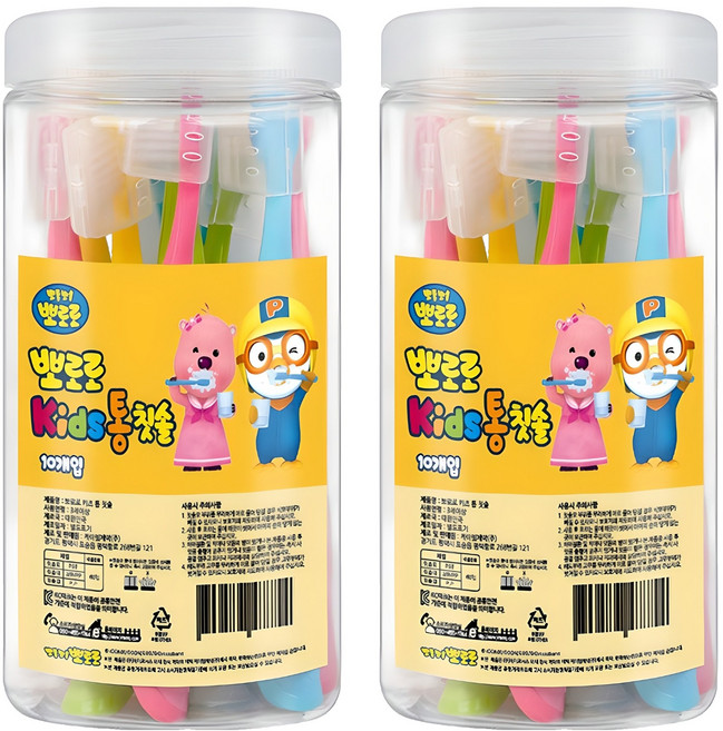 케이엠제약 뽀로로 키즈 통 칫솔, 핑크 + 옐로우 + 그린 + 블루, 10개입, 2세트