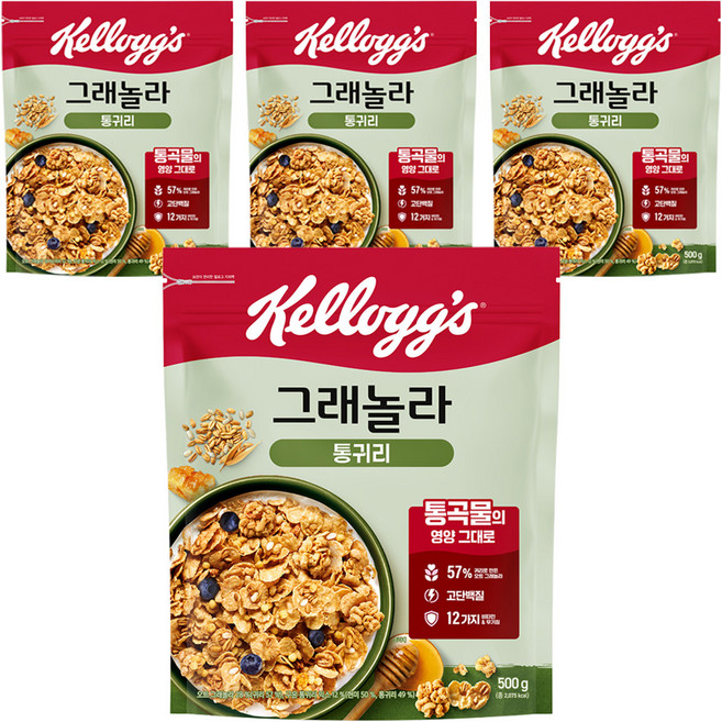 켈로그 통귀리 그래놀라 시리얼, 500g, 4개