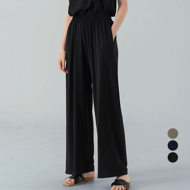 ELLE Paris 여성 에어리 찰랑 와이드 밴딩 팬츠