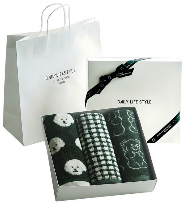 MAISON DE COTTON 飯店毛巾 190g 40支精梳棉 3入禮盒組 附提袋, 1組, 我的毛皮 + 格紋 + 果凍綠