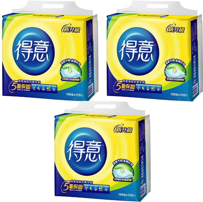 得意 連續抽取式花紋衛生紙 柔軟升級 細緻棉柔 400度高溫殺菌處理, 12包, 3袋