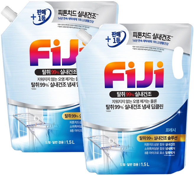 피지 탈취99 실내건조 프레시 액상세제 리필, 1.5L, 2개