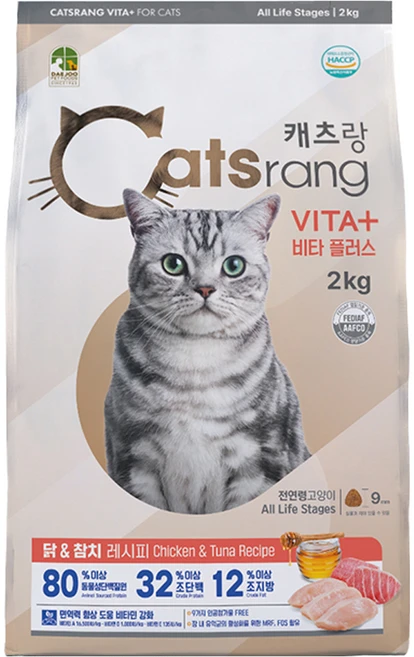 캐츠랑 전연령 고양이 비타플러스 건식사료, 닭+참치, 2kg, 1개 - 쿠팡