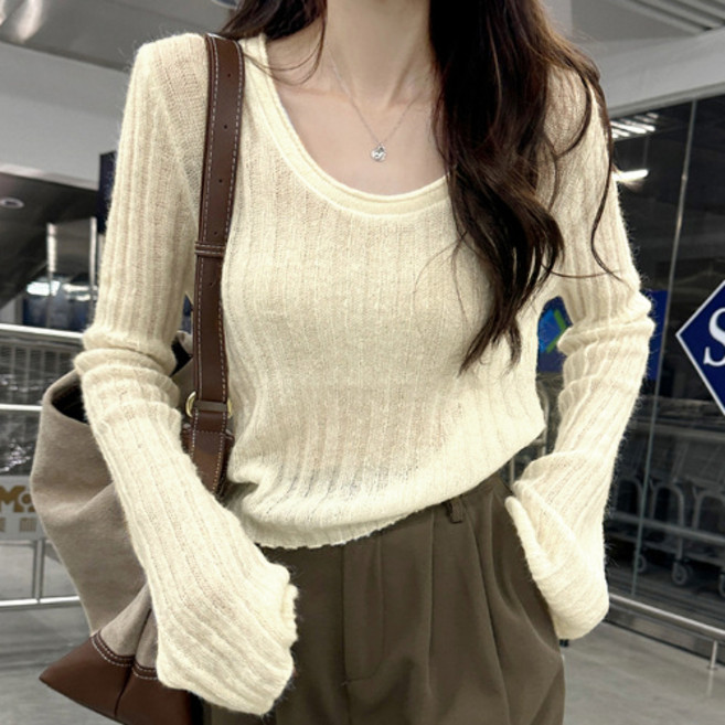 더플로우커머스 여성용 톡톡컬러 슬림핏 기본 골지 니트 티셔츠