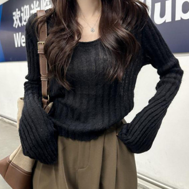 더플로우커머스 여성용 톡톡컬러 슬림핏 기본 골지 니트 티셔츠