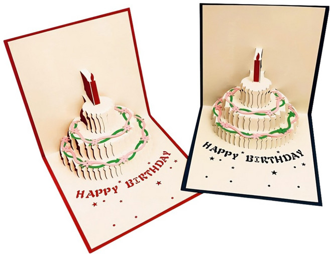 모던앳 3D 입체 케이크 팝업 생일 축하 카드 2종세트 카드/엽서, 레드, 블루, 1세트