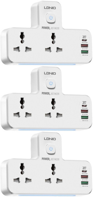 LDNIO 力德諾 雙孔夜燈 附USB PD + QC3.0 插座 3孔, 101mm, 白色, 3個