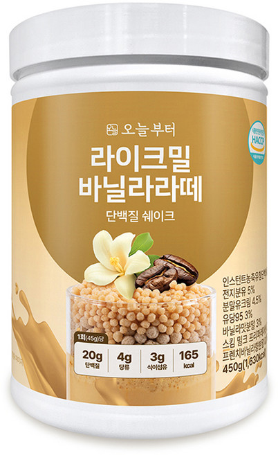 오늘부터 라이크밀 단백질 쉐이크 바닐라라떼맛, 1개, 450g