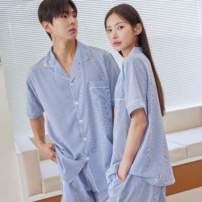 도씨 커플용 냉감 실크핏 클린 반팔 카라 잠옷 상하의 세트 D-3653