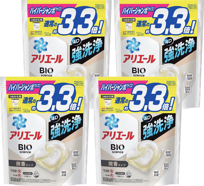 ARIEL 日本原裝進口 4D碳酸洗衣球補充包 微香 白色, 39顆, 4袋