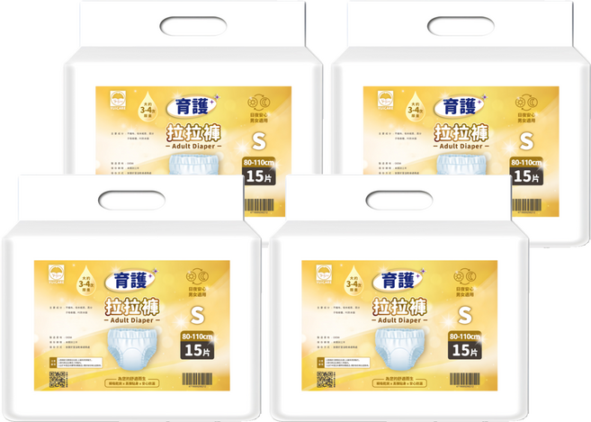 YUICARE 育護 成人褲型紙尿褲 拉拉褲, S(80~110cm), 15片, 4包