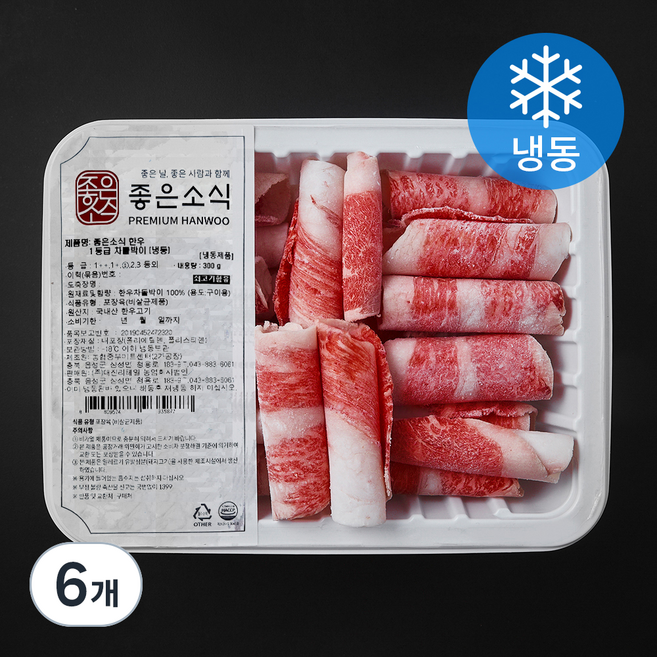 좋은소식 한우 차돌박이 1등급 (냉동), 6개, 300g