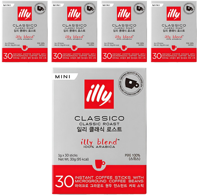 일리 클라시코 클래식 로스트 미니 원두 인스턴트 커피 스틱, 30개입, 5개, 1g