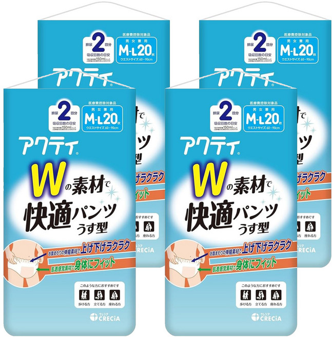 日本製紙 男女款 Acty W薄型成人紙尿褲, M~L, 4包, 20片