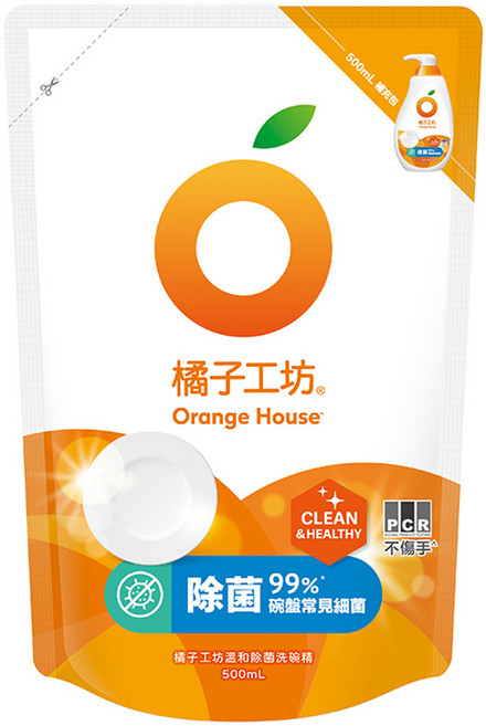 Orange House 橘子工坊 溫和除菌洗碗精補充包, 500ml, 1包