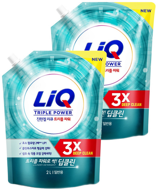 리큐 진한겔 딥클린 트리플파워 일반용 액상세제 리필, 2L, 2개
