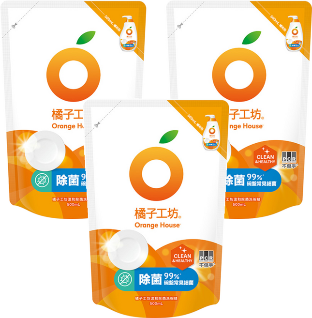 Orange House 橘子工坊 溫和除菌洗碗精補充包, 500ml, 3包