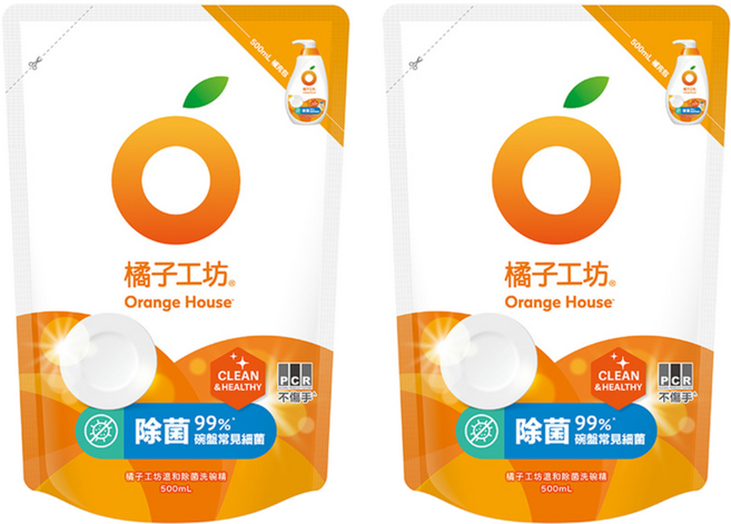 Orange House 橘子工坊 溫和除菌洗碗精補充包, 500ml, 2包