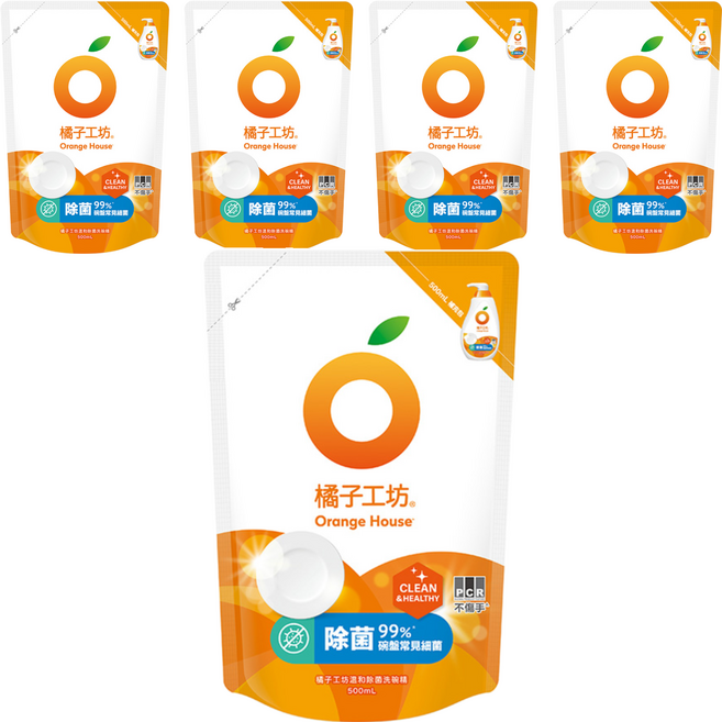 Orange House 橘子工坊 溫和除菌洗碗精補充包, 500ml, 5包