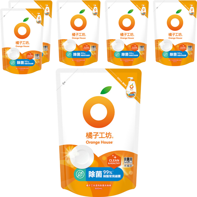 Orange House 橘子工坊 溫和除菌洗碗精補充包, 500ml, 6包
