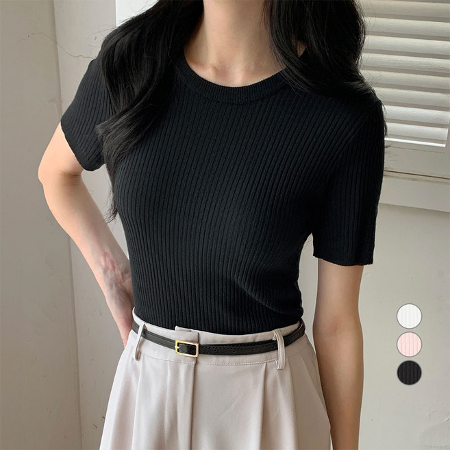 afinar 女款修身款圓領日常短袖羅紋針織衫