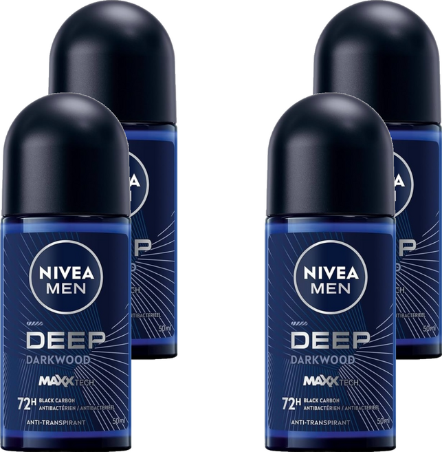 NIVEA 妮維雅 台灣公司貨 深極炭系列 止汗爽身乳液 清新魅力 滾珠瓶, 50ml, 4瓶