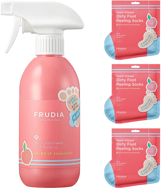 FRUDIA 足部清潔去角質組 潔淨泡沫 390ml+足膜 40gx3入 溫和清潔 去除腳臭 軟化角質, 1組