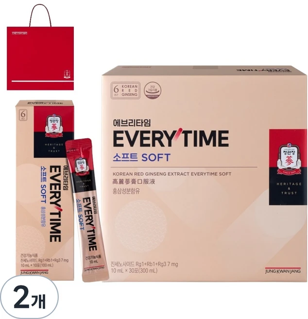 에브리타임 소프트 홍삼 10ml x 30포 + 쇼핑백, 300ml, 2개 - 쿠팡