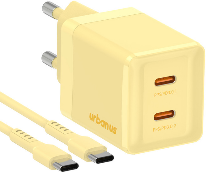 어반어스 GaN 45W 미니 C타입 2포트 PD PPS 초고속 충전기 60W C to C 케이블 1.5m, 옐로우, 1개