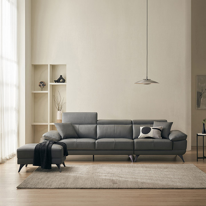 삼익가구 마르테 헤드틸팅 이태리 면피 통가죽 4인용 소파 + 스툴 + 쿠션 2p 세트 방문설치, 그레이