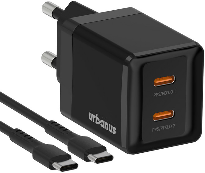 어반어스 GaN 45W 미니 C타입 2포트 PD PPS 초고속 충전기 60W C to C 케이블 1.5m, 블랙, 1개