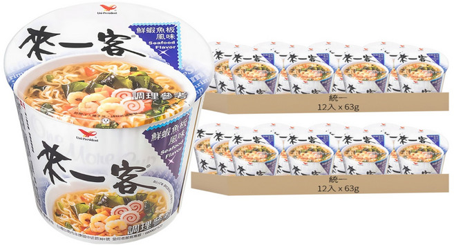 統一 來一客 鮮蝦魚板風味杯麵 63g, 24入