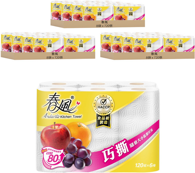 春風 秒吸收廚房紙巾 120張, 6捲, 24袋