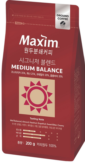 맥심 시그니처 블렌드 미디엄 밸런스 원두 분쇄 커피, 200g, 1개