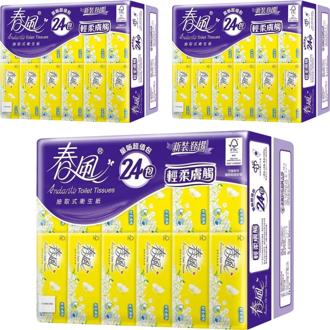 春風 輕柔膚觸抽取式衛生紙, 24包, 3袋