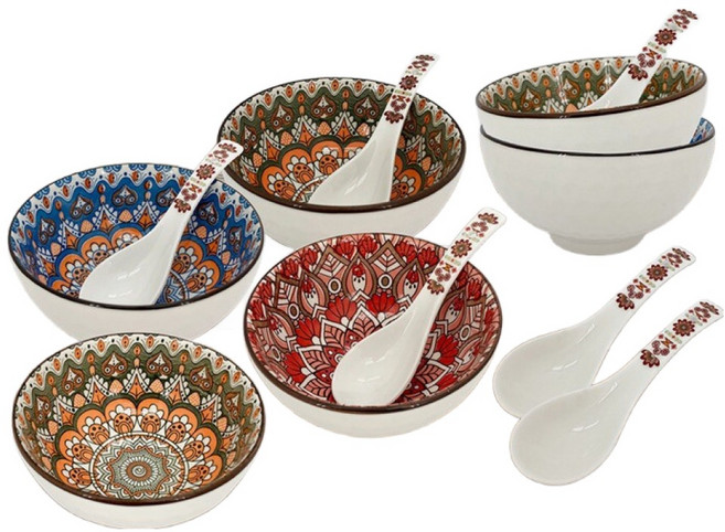 松村窯 波西米亞6碗6匙組-瓷碗, 白色 + 棕色 + 藍色 + 紅色, 6個碗 + 6個湯匙, 1組