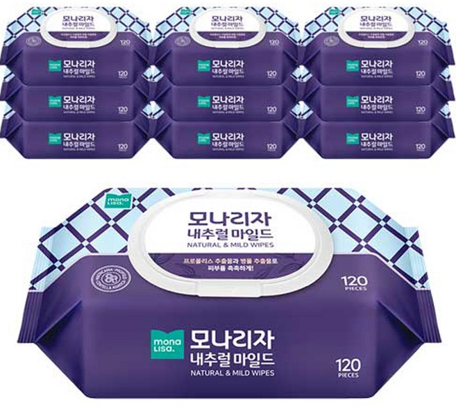 모나리자 내추럴 마일드 물티슈 캡형, 120개입, 10개