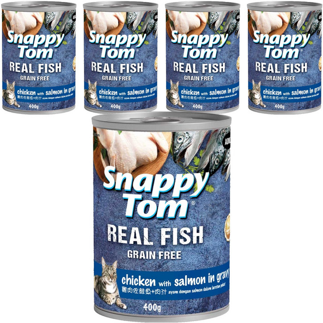 Snappy Tom 幸福貓 無穀主食大貓罐, 雞肉佐鮭魚 + 肉汁, 400g, 5罐