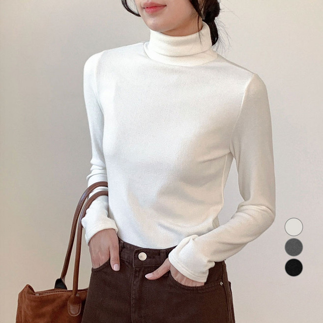 아피나르 여성용 슬림핏 터틀넥 웜업 기모 티셔츠