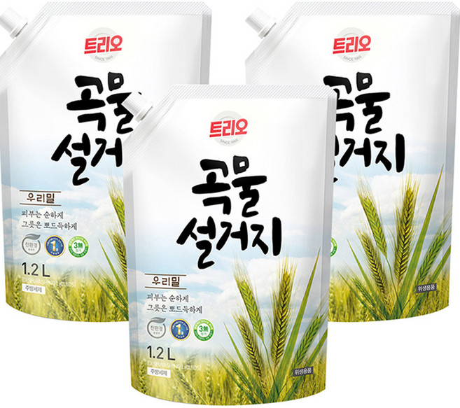 트리오 곡물설거지 우리밀 주방세제 리필, 1.2L, 3개