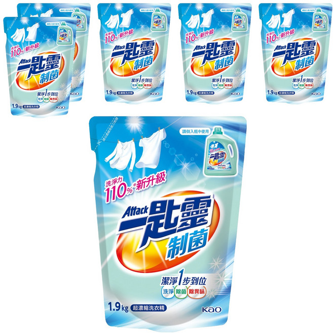 Attack 一匙靈 台灣公司貨 制菌超濃縮洗衣精 補充包, 1.9kg, 6包