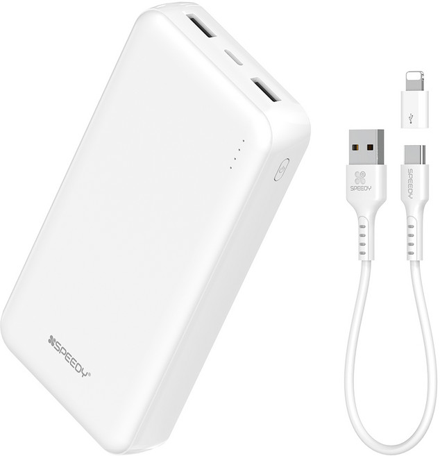 스피디 슬림 듀얼 보조배터리 20000mAh 듀얼포트 + C타입 케이블 + 8핀 젠더 세트, 화이트, SPE-B22PCPPB200A