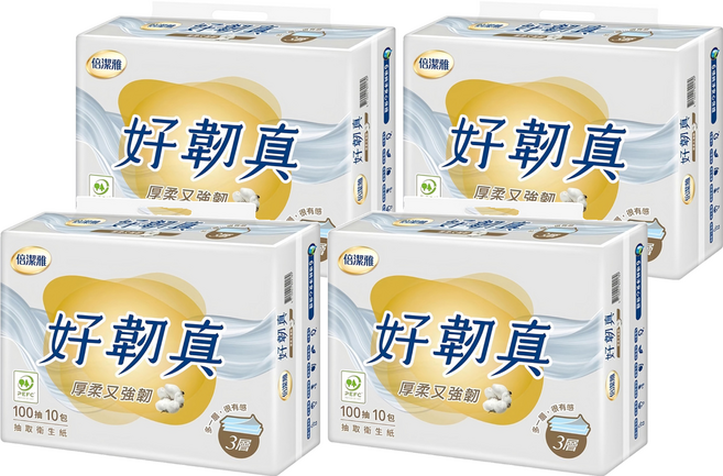倍潔雅 好韌真 抽取式衛生紙 3層 100張, 10包, 4袋