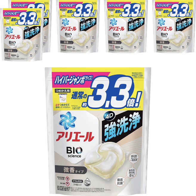 ARIEL 日本原裝進口 4D碳酸洗衣球補充包 微香 白色, 39顆, 6袋