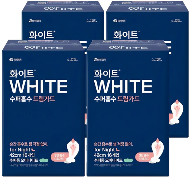 화이트 수퍼흡수 드림가드 생리대 날개형, 슈퍼롱, 16개입, 4개