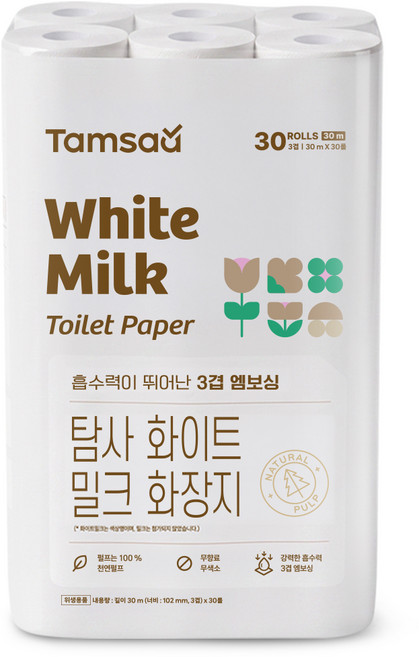 탐사 화이트 밀크 천연펄프 3겹 화장지 30m, 30개입, 1개